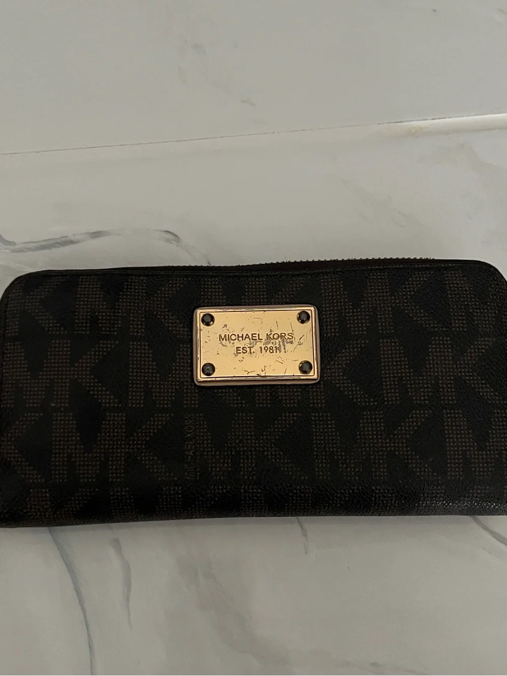 Michael Kors Brown /Brown MK Logo Zip Wallet with Gold Plaque